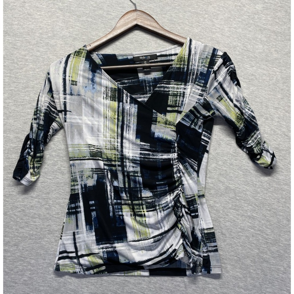 Style & Co. Blouse Top Womens PP Multi Abstract Print Ruched Stretch Wrap V-Neck